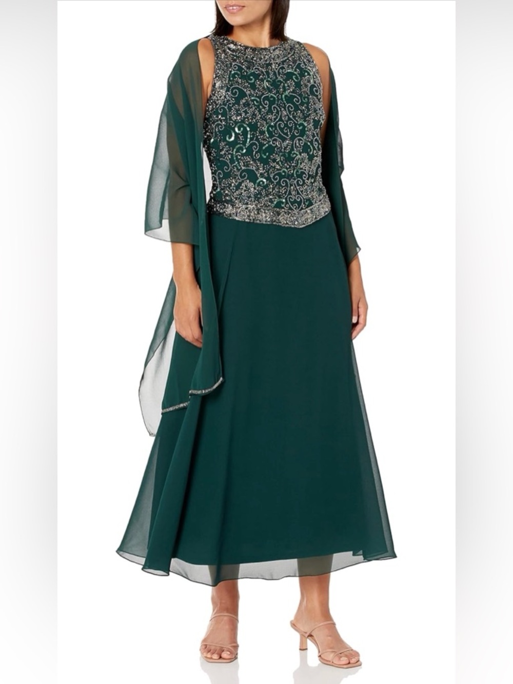 J Kara Women's Petite Long Beaded V Trim Detail Gown with Scarf